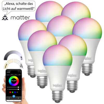 8er-Set WLAN-LED-Lampen, E27, Matter-kompatibel, RGB, CCT, 806 Lumen