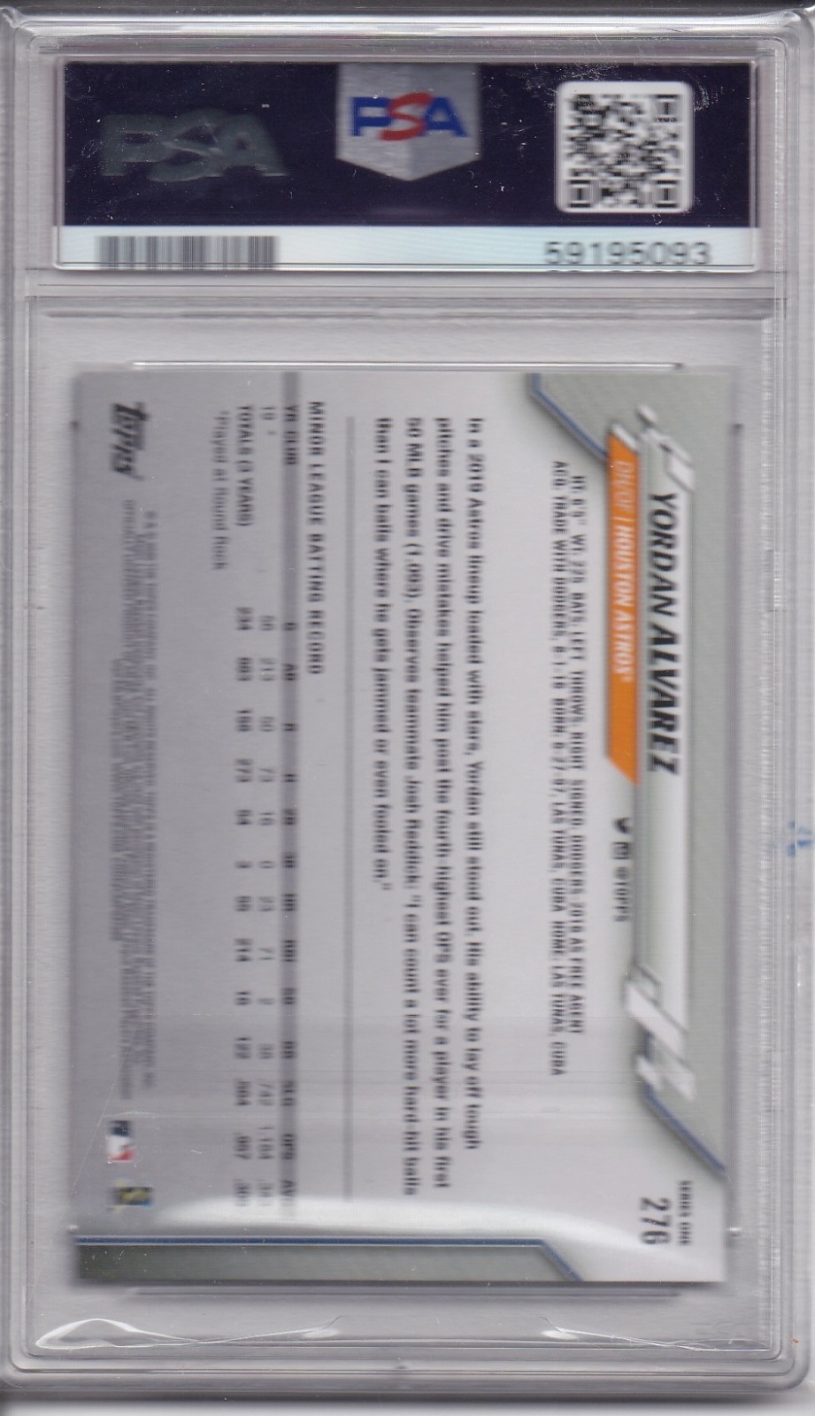 Yordan Alvarez RC- 2020 Topps Series One Rookie Cup #276 PSA 10- Houston Astros  view 2