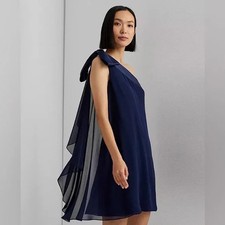 Lauren Ralph Lauren Chiffon One-Shoulder Dress Navy Size 12 NEW