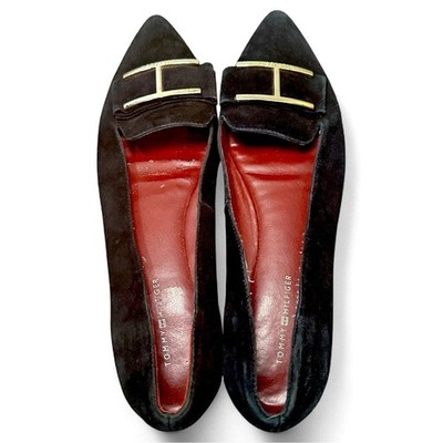 Tommy Hilfiger Black Faux Suede Flats Gold Buckle Detail Womens 7.5 Pointed Toe