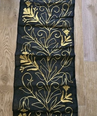 100% SILK April Cornell Black Table Runner w Yellow Stylized Floral Embroidery 