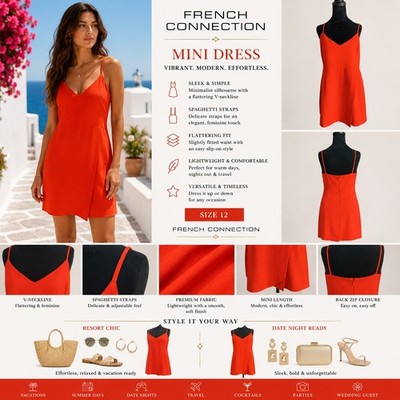 French Connection Mini Dress Size 12 Orange Red Spaghetti Strap Slip Dress