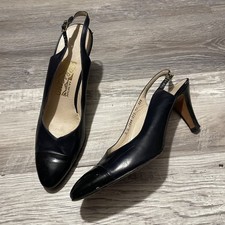 Vintage Salvatore Ferragamo Slingback Heels all black heel tip needed