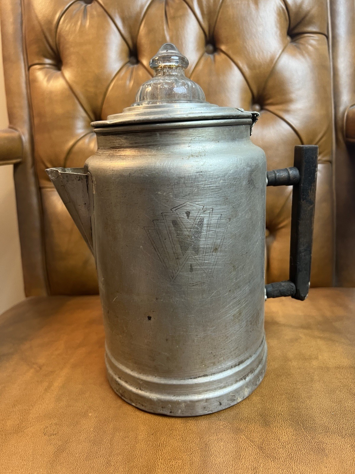 1930s Comet Aluminum Camping Percolator Coffee Tea Pot  Wood Handle