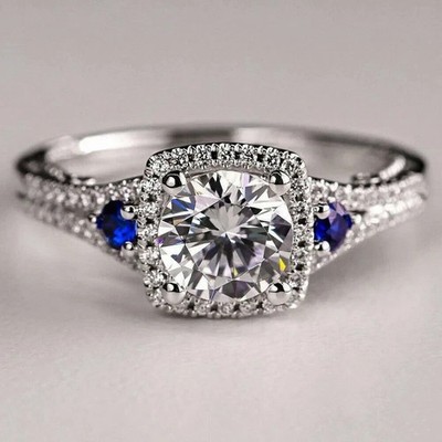 3TCW Round Cut Real Moissanite Halo Engagement Ring In 14k White Gold Plated