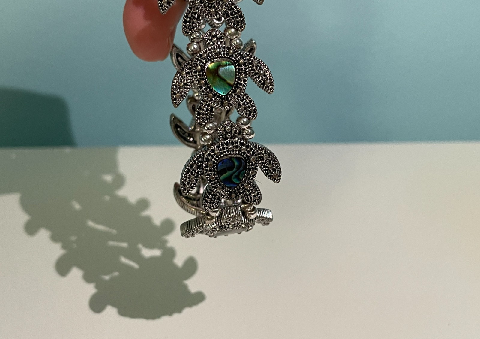 Turtle Abalone Shell Stretch Bracelet Silver Tone… - image 4