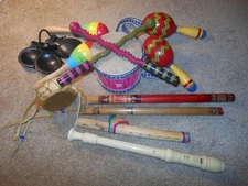 Maracas Drum Shakers Wooden Castanets Bamboo Flutes Yamaha Instrument Lot- USED