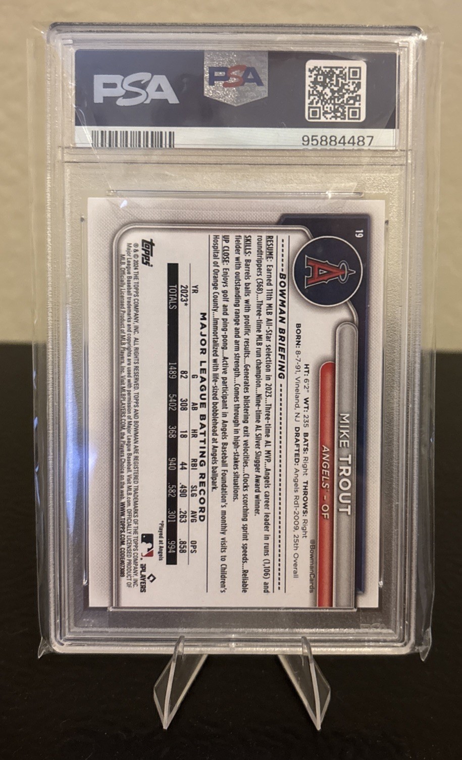 2024 Bowman Mike Trout #19 Purple Pattern 044/199 PSA 10 view 2