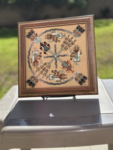 Authentic Navajo Sand Painting Native American Framed Whirling Log Vintage