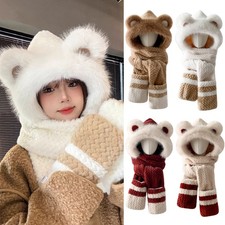 Bear Ears Hat With Scarf Plush Hat Scarf Gloves Set Cold-proof Fluffy Hooded Cap