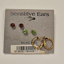 NEW Sensitive Ears Nickel Free Crystal Stud Hoop Earrings Set of Three Gold Tone