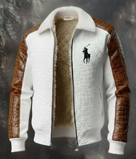 Chaqueta de cuero genuino blanca con relieve de cocodrilo para hombre estilo polo artesanal