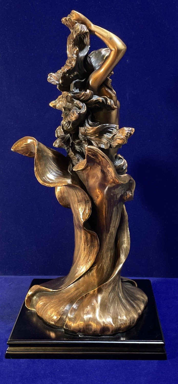 Vtg Art Nouveau Style Cast Copper Flower Nymph Statue Sculpture 18" Wood Base