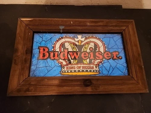 Vintage Budweiser King Of Beers Foil Crown Faux Stained Glass Bar Bud Beer Sign