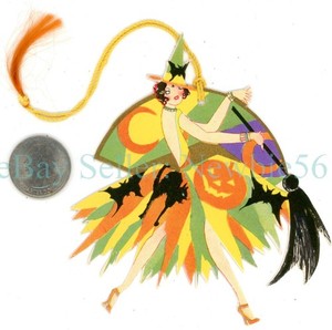 Halloween Greetings - ART DECO WITCH - c1920s Bridge Tally Card