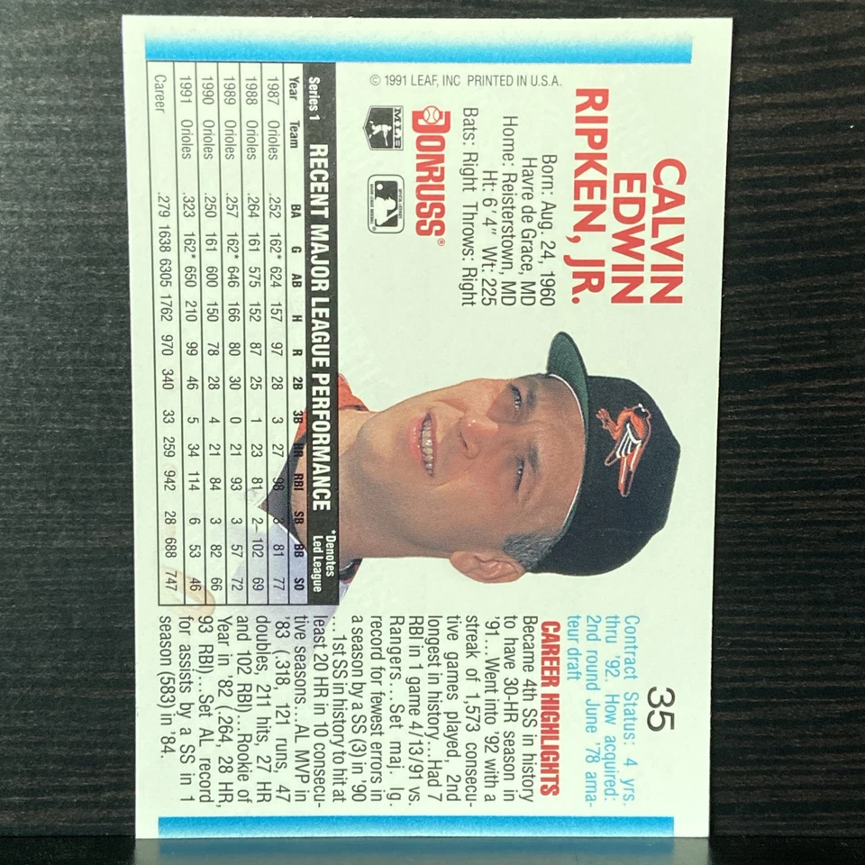 1992 Donruss Baseball Error Card 35 Cal Ripken No Dot After Inc - Image 2 of 3