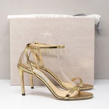 Jimmy Choo Minny 85, Size 39.5 9.5 US Gold Lizard Embossed Leather Sandals