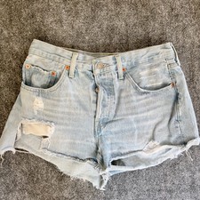 Levi s 501 Cutoff Shorts Light Wash Distressed Denim Button Fly W27 Raw Hem