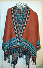 Womens Poncho Aztec Print Wrap Cape Shawl Fringe