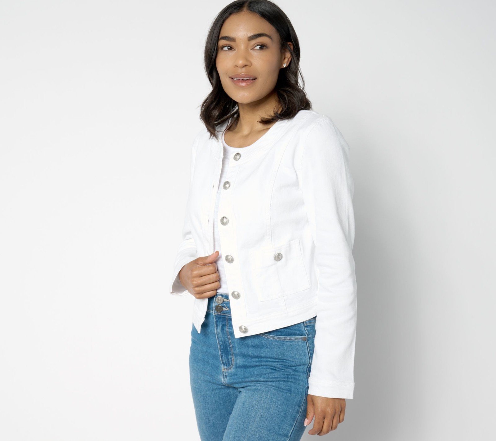 Susan Graver Women's Plus Sz Jacket 1X Stretch Denim Collarless White A647449