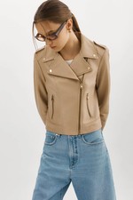 Beige Leather Jacket Women Biker Moto Pure Lambskin Size S M L XL XXL Custom Fit