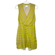 GREYLIN Women's Yellow Striped V-neck Faux Wrap Silk Mini Dress Sz M