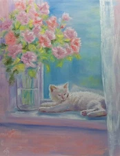 Cat Flowers Original Oil Hand Painted Signed Wall Art Decor Gift Ukraine Artist
