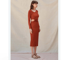 NWT Sundry Midi Dress Womens 1 Rust Ribbed Long Sleeve Side Cutout Cinched Small