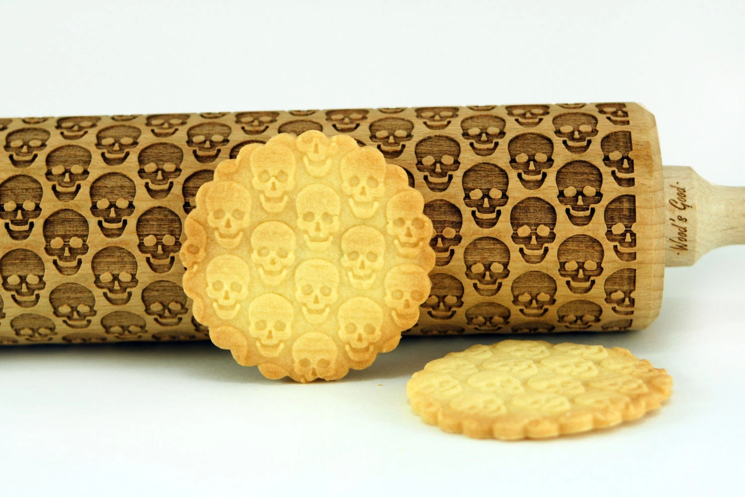Engraved SKULLS rolling pin wooden laser cut pattern unique design