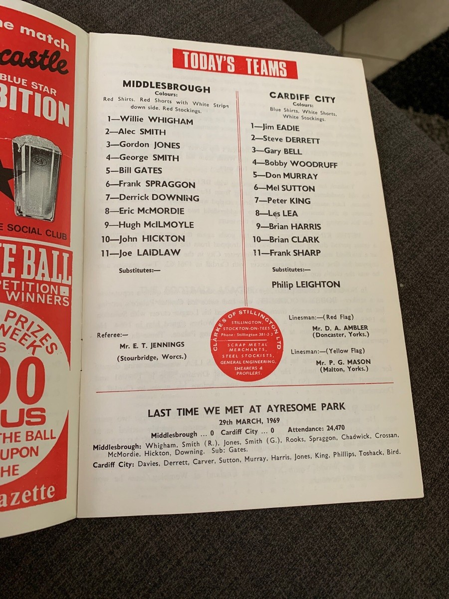 1970 Middlesbrough V Cardiff City Football Programme UK