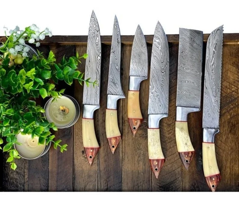 Hand Forged Damascus Steel Chef Set, Kitchen Set, Kitchen Knives Set