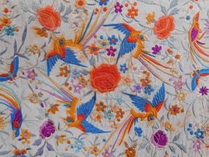 Antique Chinese Silk Embroidery Bird Butterfly Manton de Manila Piano Shawl VTG