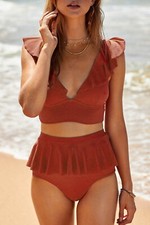 Tankini "S" "M" Ladies Red Open Back Ruched Halter Top Shorts Tankini Set