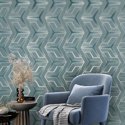Silver teal metallic faux fabric trellis line heavy textured Geometric Wallpaper
