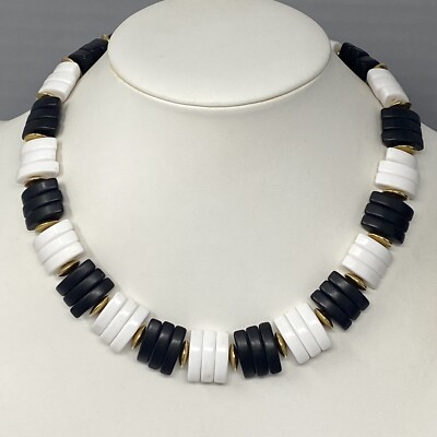 Black White Necklace Oblong Fringe Beads Acrylic Alternating Collar Vtg 17''