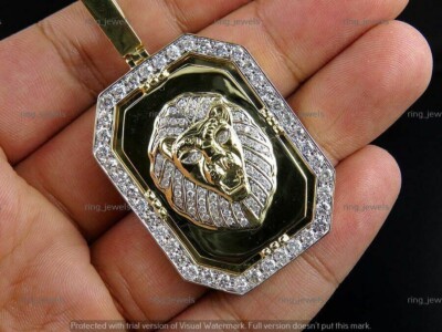 Men's King Lion Charm Pendant 4.00 Ct Lab-Created Diamond 14K Yellow Gold Plated