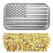 1 TROY OZ .999 SILVER AMERICAN FLAG BAR BU + 50 PIECE ALASKAN PURE GOLD NUGGETS