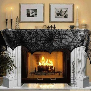 Black Lace Spider Web Halloween Fireplace Mantel Scarf Cloth
