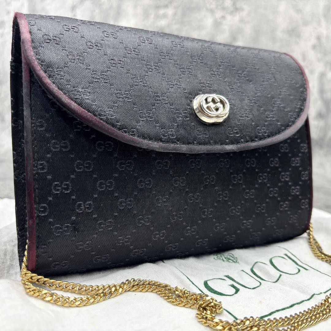Stylish GUCCI GG Chain Shoulder Bag in Black Satin with Metal Logo Accents