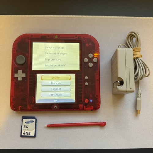 Nintendo 2DS Handheld Crystal Red FTR-001 w/Charger 4GB SD Stylus TESTED