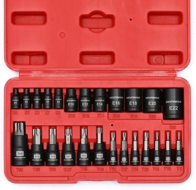 Juego de 25 puntas y vasos Torx, 13 puntas de estrella (T8-T60), 12 vasos E-Torx