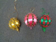 Vintage Beaded Sequin Lace Satin Christmas Ornaments Push Pin - Lot of 3