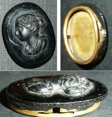 Alte Kamee, schwarze Frauenbüste, schwarzes Glas oder Jais, Reliquienelement