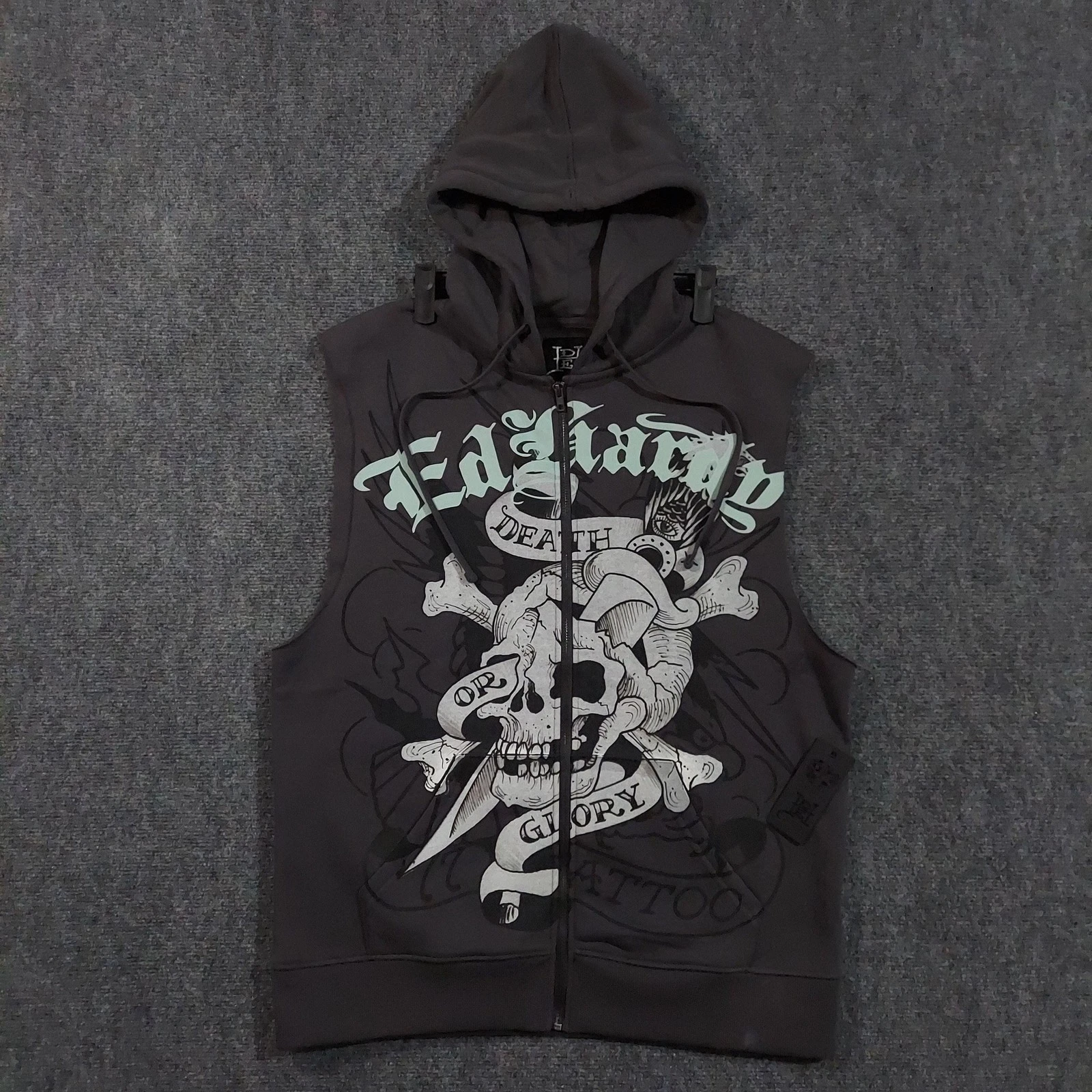 Ed Hardy Hoodie Vest Mens Medium Charcoal Death Or Glory Skull Graphic Tattoo