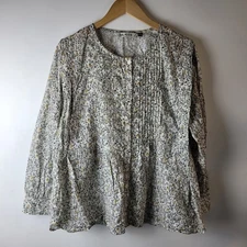 Baukjen Women Size 16 White Floral Organic Cotton Blouse Casual Smart Boxy Puff