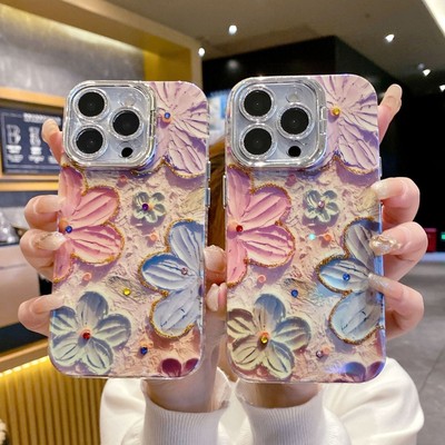 For iPhone 16 Pro Max 15 14 Plus 13 12 Phone Cover Painting Flower Lens Bracket