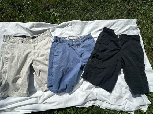 Three Pair Men’s Khaki Shorts All Size 30 Black Pair Aqua Pair And Tan Pair