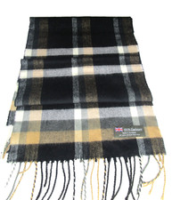 100 Cashmere Plaid Scarf Made in Scotland 63" X 12" Brown Gray Black Creme