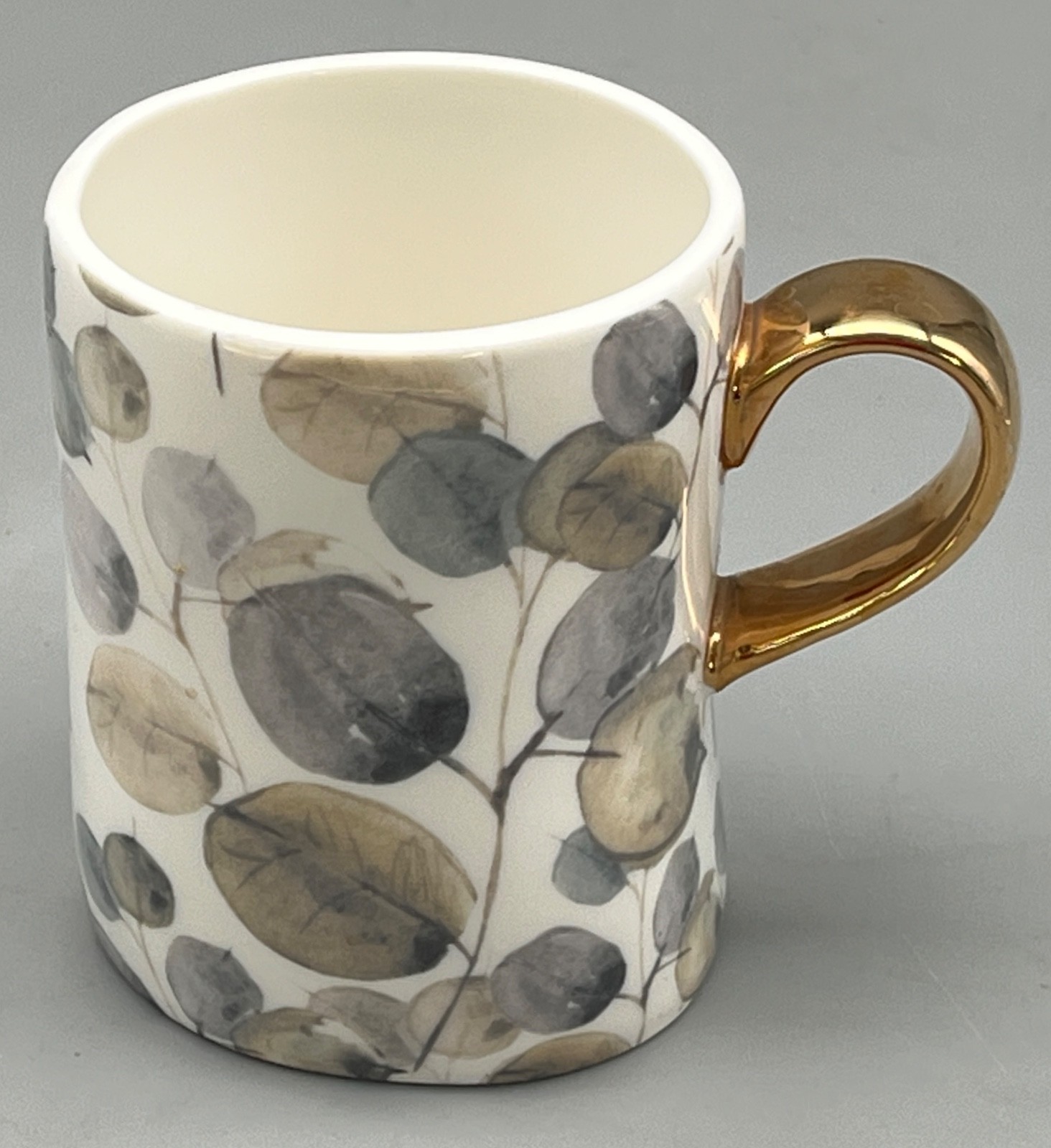 Pier 1 Imports Ceramic Coffee Tea Mug Cup Leaves Leaf Sleek Modern Gold Handle