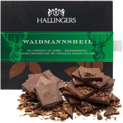 Hallingers Waidmannsheil Vollmilch Edel-Schokolade mit Haselnuss-Nougat, handgem